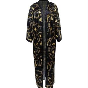 BLACK CHAIN MIX KIMONO FULL LOUNGE COVERUP ROBE KAFTAN DRESS BEAC…